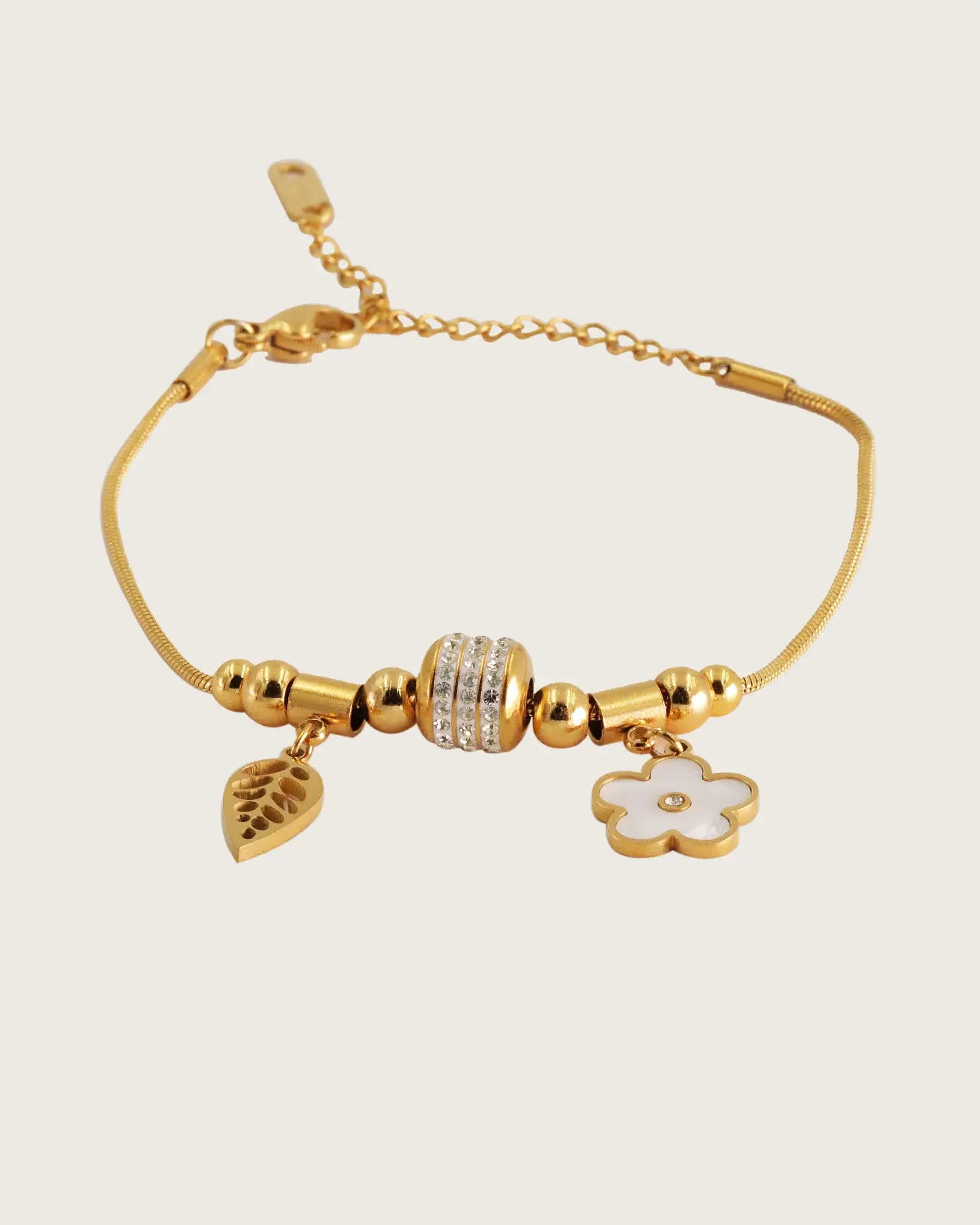 18k Gold Plated Stainless Steel Charm Bracelet, with Leaf and four