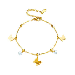 18K Gold Plated Stainless Steel Butterfly Anklet for Women and Girls, Cubic Zirconia Inserts, Kaaf