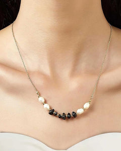 18k Gold Plated stainles steel Necklace, Pearl and Onyx Beaded Necklace, 46 cm + 5 cm Extension Kaaf Creations