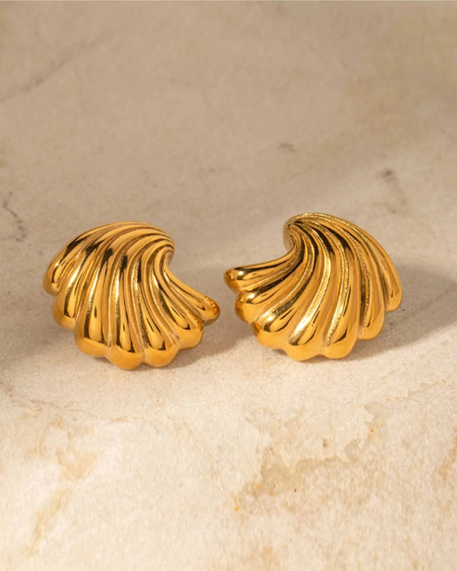 18K Gold Plated Stainless Steel, Shell-Shaped Stud Earrings, Ridged Design Kaaf Creations