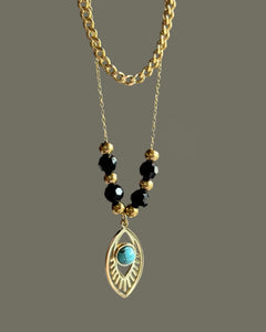 Double Layer Necklace, 18k Gold Plated Stainless Steel, 39+5 cm, Evil eye Turquoise Pendant with Black and gold plated Beads Kaaf Creations