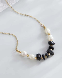 18k Gold Plated stainles steel Necklace, Pearl and Onyx Beaded Necklace, 46 cm + 5 cm Extension Kaaf Creations