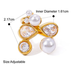 18K Gold Plated Stainless Steel, Elegant Pearl and Crystal Statement Ring, Adjustable Kaaf Creations