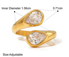 18K Gold Plated Stainless Steel, Double Crystal Teardrop Ring, Adjustable Kaaf Creations