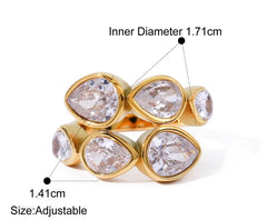 18K Gold Plated Stainless Steel, Crystal Teardrop Statement Ring, Multi-Stone Design Kaaf Creations