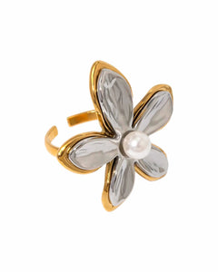 18K Gold Plated Stainless Steel, Two-Tone Flower Ring with Pearl Center, Adjustable Kaaf Creations
