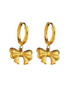 18K Gold Plated Stainless Steel, Bow Charm Hoop Earrings, Dangle Drop Style Kaaf Creations