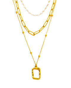 18k gold plated stainles steel Layered Chain Necklace Set, Pearl and Rectangle Pendant, 38 cm, 37 cm, 51 cm Kaaf Creations