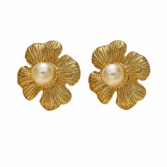 18K Gold Plated and Stainless Steel, Floral Pearl Stud Earrings, Textured Flower Design Kaaf Creations