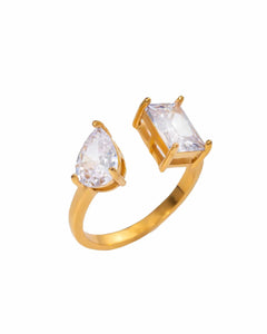 18K Gold Plated Stainless Steel, Dual Crystal Statement Ring, Open Design Kaaf Creations