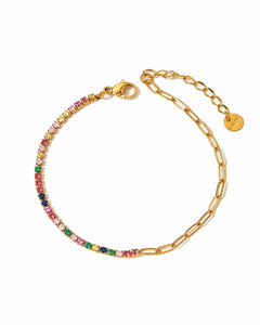Rainbow Crystal Chain Bracelet, 18K Gold Plated Stainless Steel, 17+3cm, Mixed Gemstones women and girls Kaaf Creations