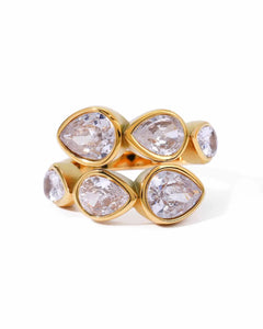 18K Gold Plated Stainless Steel, Crystal Teardrop Statement Ring, Multi-Stone Design Kaaf Creations