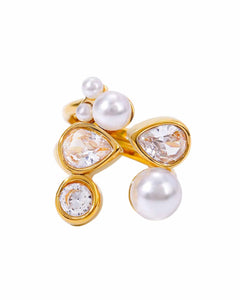 18K Gold Plated Stainless Steel, Elegant Pearl and Crystal Statement Ring, Adjustable Kaaf Creations