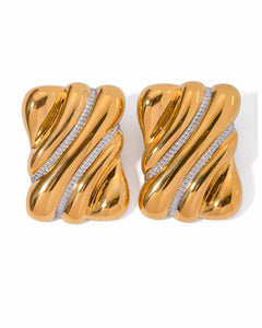 Twisted Design 18K Gold Plated Stainless Steel Earrings with Diamond Accent Stripes, Kaaf Creations