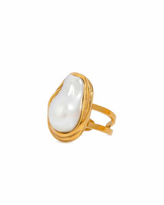 18K Gold Plated Stainless Steel, Baroque Pearl Statement Ring, Size Adjustable best for gift Kaaf Creations