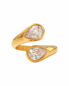 18K Gold Plated Stainless Steel, Double Crystal Teardrop Ring, Adjustable Kaaf Creations