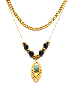 Double Layer Necklace, 18k Gold Plated Stainless Steel, 39+5 cm, Evil eye Turquoise Pendant with Black and gold plated Beads Kaaf Creations
