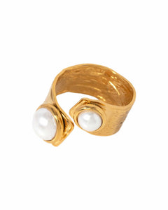 8K Gold Plated Stainless Steel ring, Double Pearl Design, size Adjustable Kaaf Creations