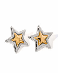 Two-Tone Star Stud Earrings, 18K Gold Plated Stainless Steel, Silver and Gold color. Kaaf Creations