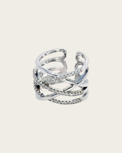 Stainless steel Criss-Cross Silver Ring with Cubic Zirconia Stones, adjestable size,for women and girls. Kaaf Creations