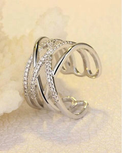 Stainless steel Criss-Cross Silver Ring with Cubic Zirconia Stones, adjestable size,for women and girls. Kaaf Creations