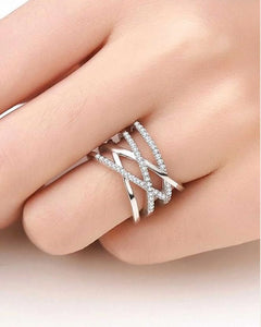 Stainless steel Criss-Cross Silver Ring with Cubic Zirconia Stones, adjestable size,for women and girls. Kaaf Creations