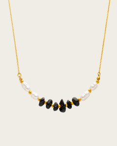 18k Gold Plated stainles steel Necklace, Pearl and Onyx Beaded Necklace, 46 cm + 5 cm Extension Kaaf Creations
