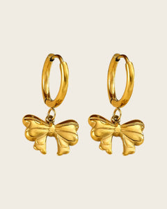 18K Gold Plated Stainless Steel, Bow Charm Hoop Earrings, Dangle Drop Style Kaaf Creations