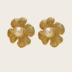 18K Gold Plated and Stainless Steel, Floral Pearl Stud Earrings, Textured Flower Design Kaaf Creations