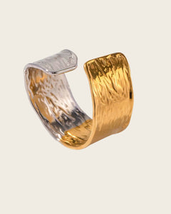 Two-Tone Hammered Cuff Ring, 18K Gold Plated Stainless Steel, Adjustable Kaaf Creations