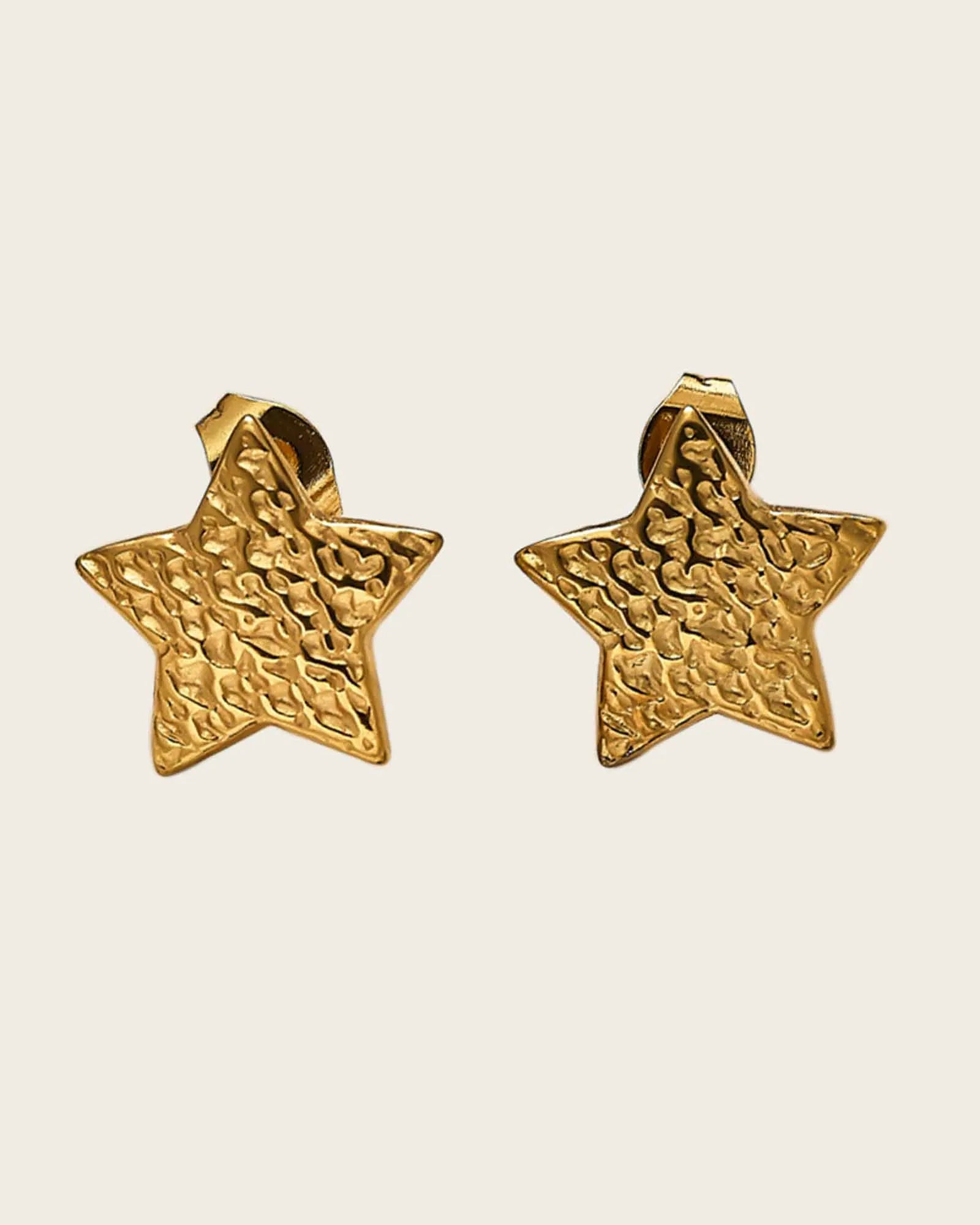 18K Gold Plated Stainless Steel, Star Stud Earrings, Hammered