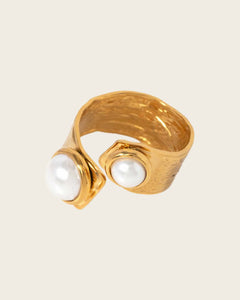8K Gold Plated Stainless Steel ring, Double Pearl Design, size Adjustable Kaaf Creations