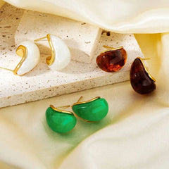 Women's vintage and exquisite Teardrop Stud Earrings, 18k gold plated stainless steel, simple and versatile, red, green, white Kaaf Creations