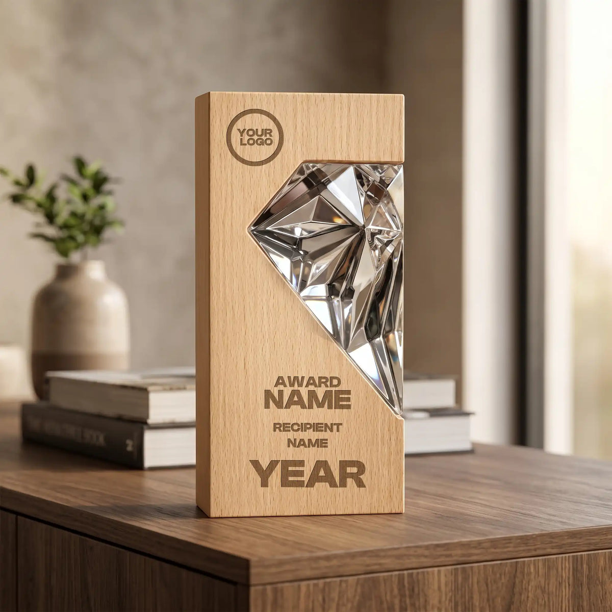 Silver crystal diamond award on wood base, close-up of faceted surface