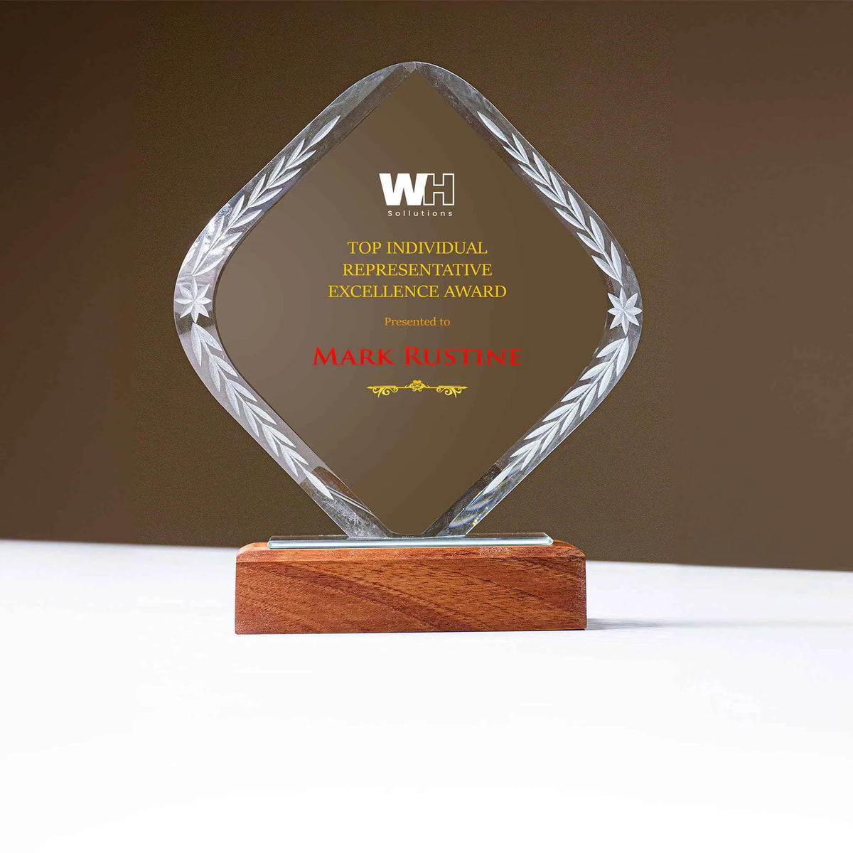 Rhombus Shaped Crystal Trophy With Wooden Base