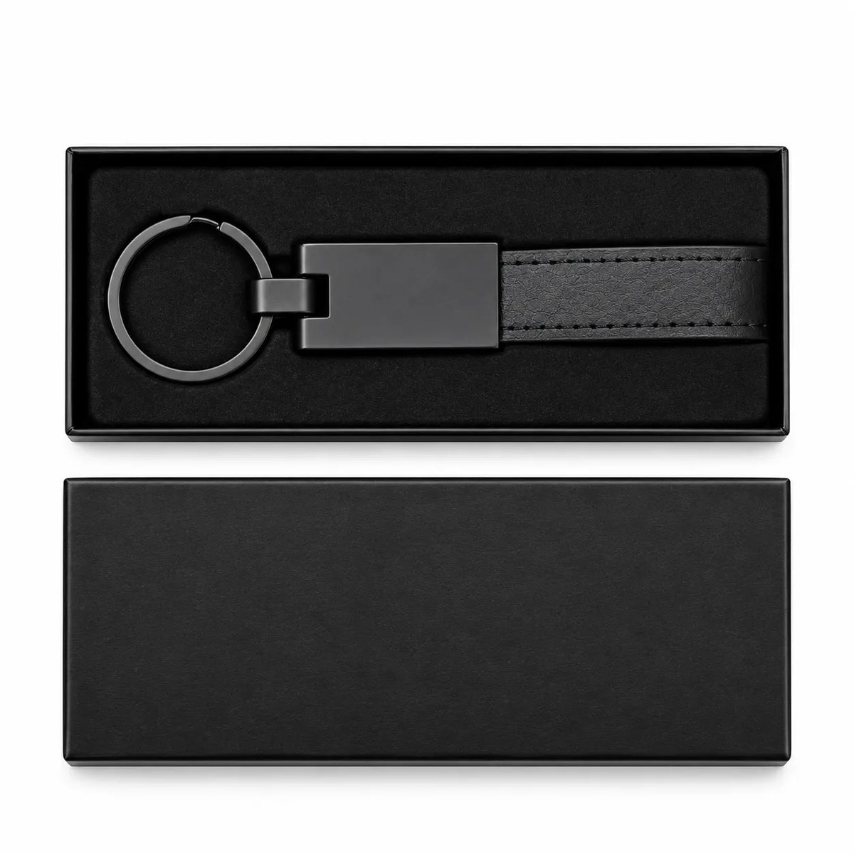 Matte black tag keychain with black PU leather strap