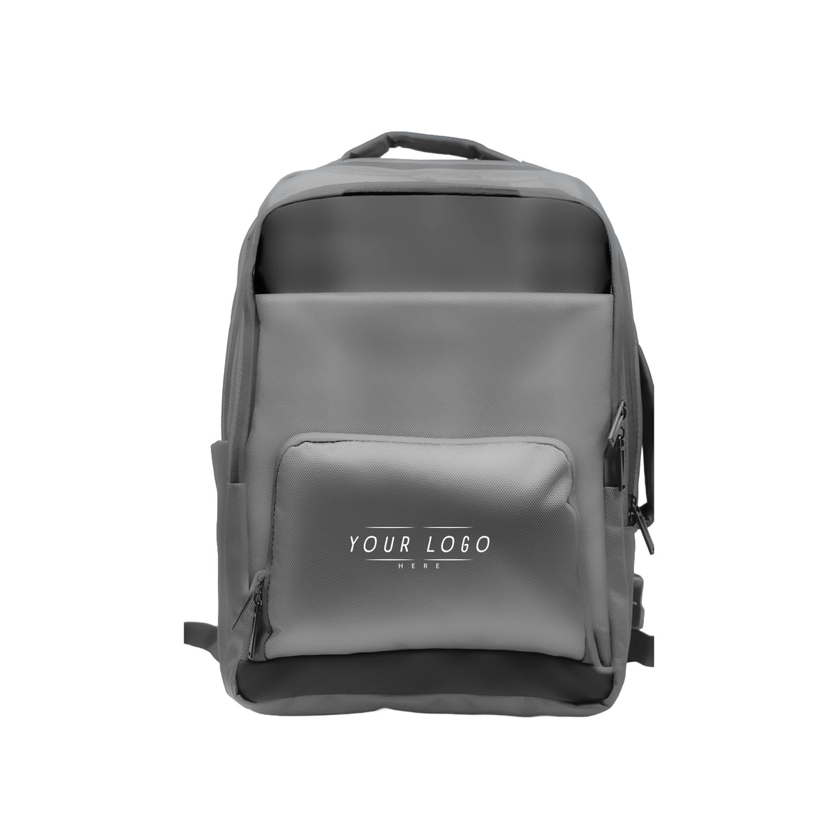 Gray executive laptop backpack with USB charging port and multiple compartments