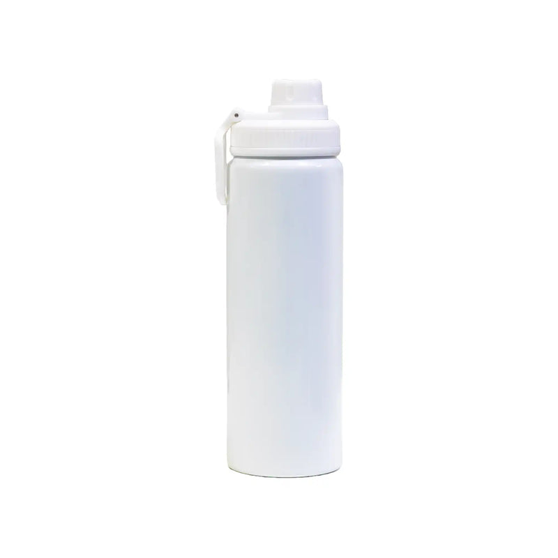 Reusable aluminium sports bottle with handle, 800 ml capacity, black and white color options for corporate gifting.