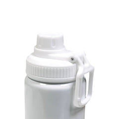 Reusable aluminium sports bottle with handle, 800 ml capacity, black and white color options for corporate gifting.