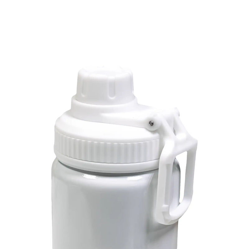 Reusable aluminium sports bottle with handle, 800 ml capacity, black and white color options for corporate gifting.