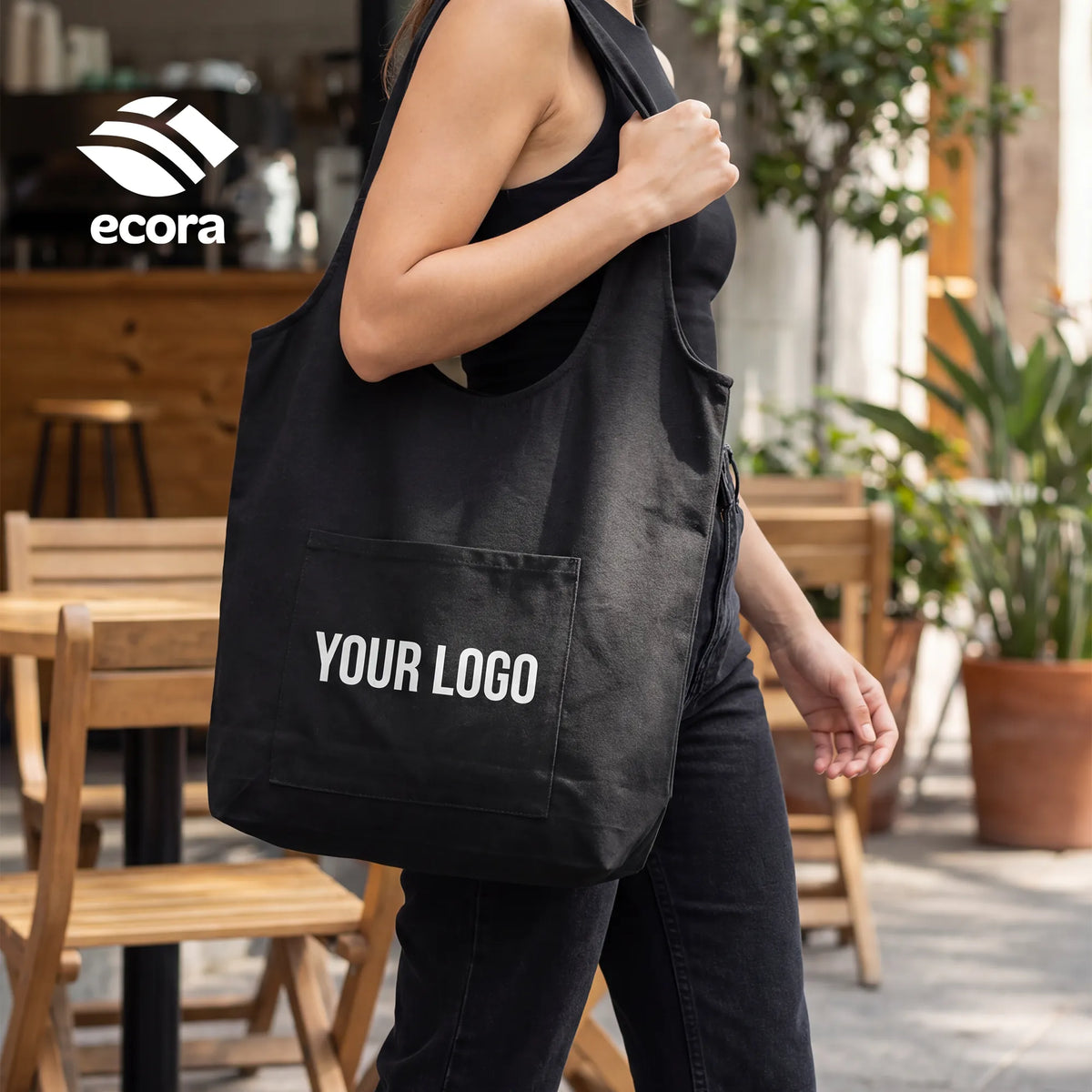 Toto canvas shoulder tote in natural with a large printed logo on the front panel
