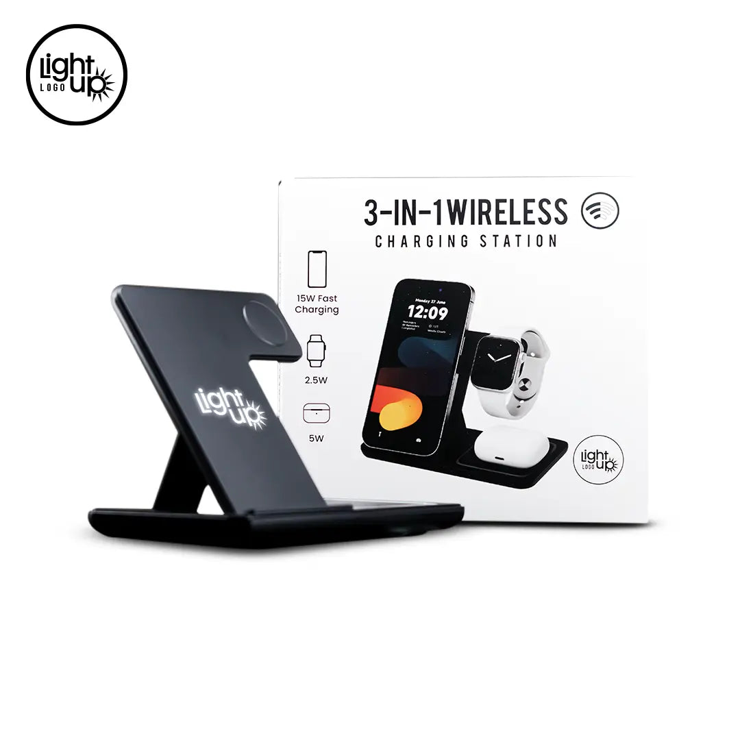 3-in-1 Wireless Charging Station with LightUp Logo - Black Foldable Design