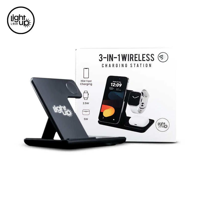 3-in-1 Wireless Charging Station with LightUp Logo - Black Foldable Design