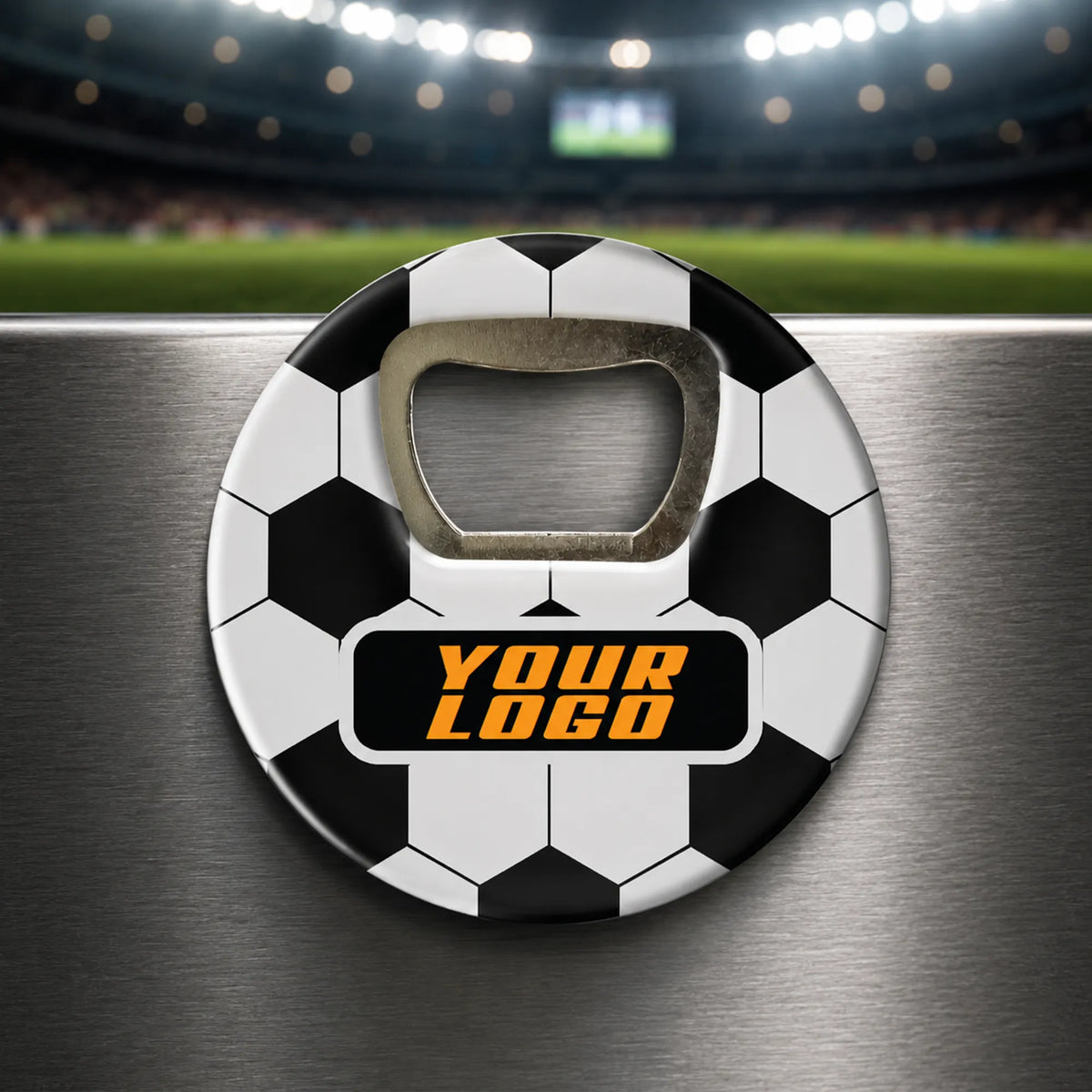 Football shaped bottle opener – 11425 with fridge magnet and customizable white surface