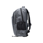 Gray travel backpack with zipper and USB charging feature