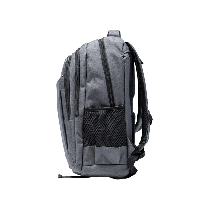 Gray travel backpack with zipper and USB charging feature