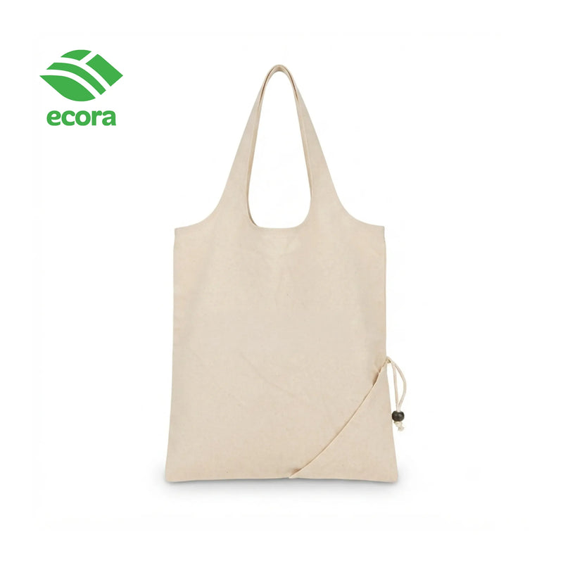 Folva foldable canvas shopping bag opened to full size with the front logo area visible