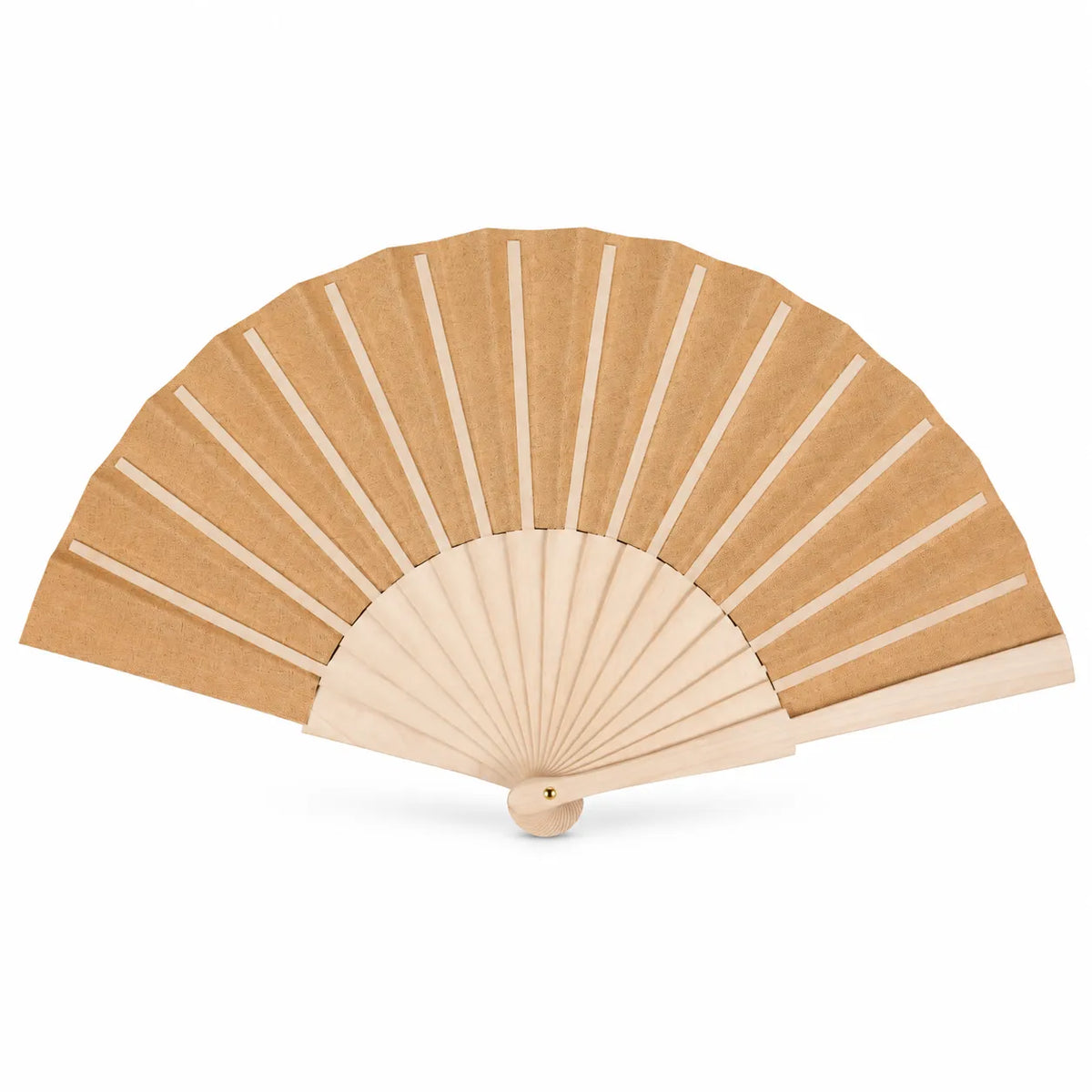 Folding hand fan opened flat showing a speckled natural cork leaf on a pale wooden ribbed frame with a brass pivot