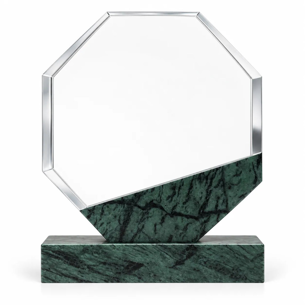 Green marble octagonal crystal award on a desk