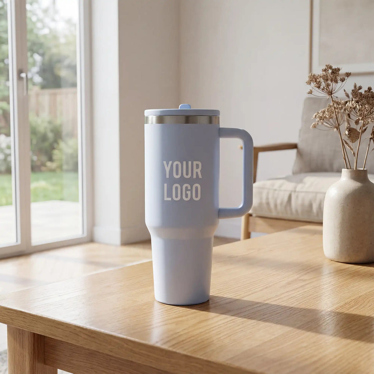 Double Walled Tumbler With Handle And Flip Straw